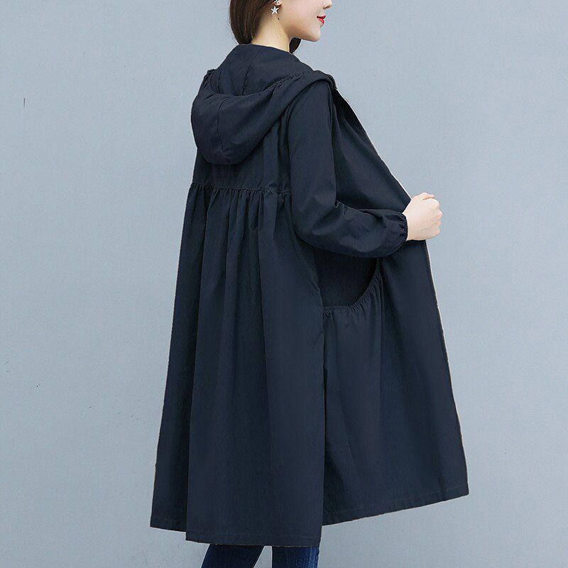 New Long Coat Thin Trench Coat Women Spring Autumn Large Size Loose Hooded Female Windbreaker Casual Outerwear R863