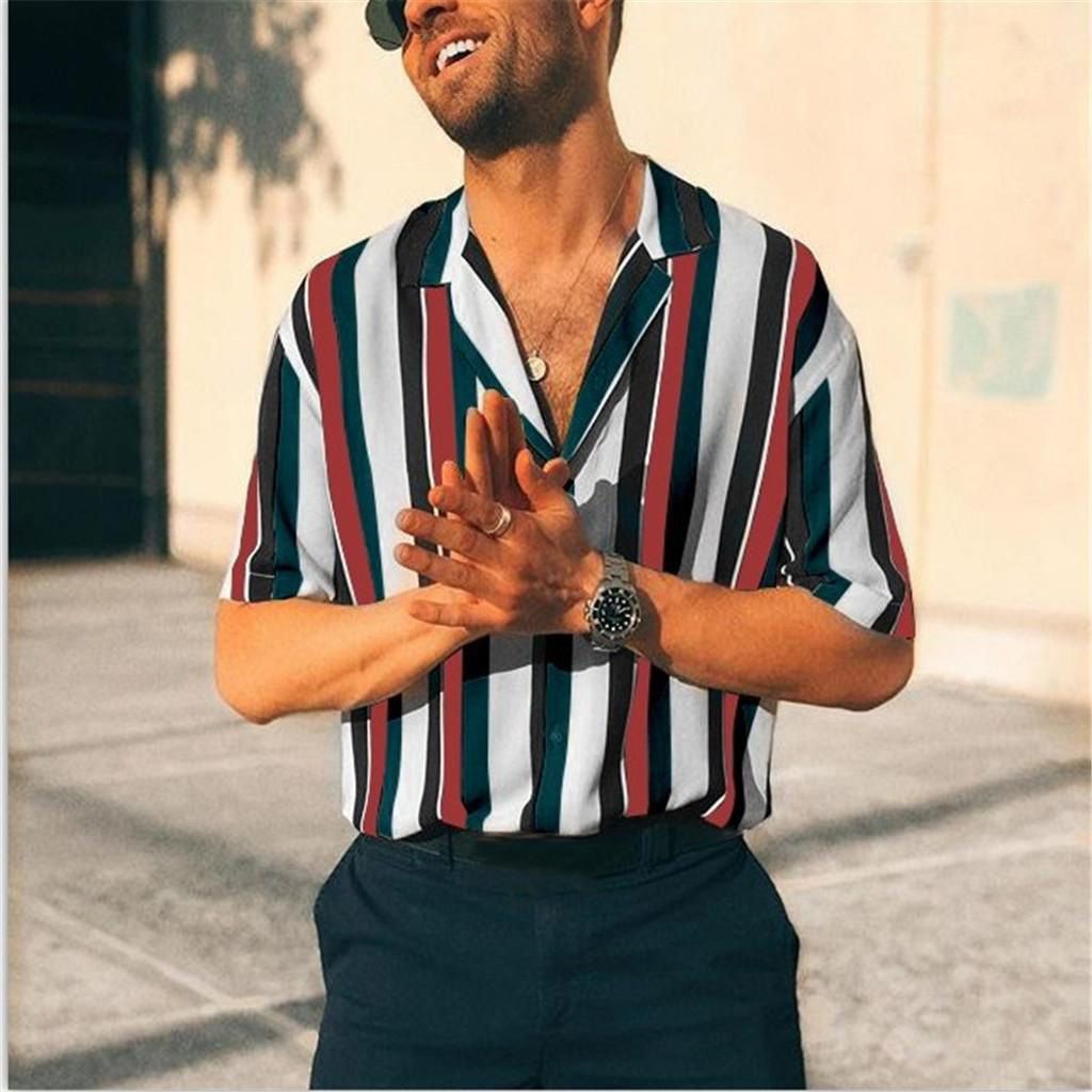 Men  Summer Fashion Shirts Casual Striped Shirts Short-Sleeve Top Blouse