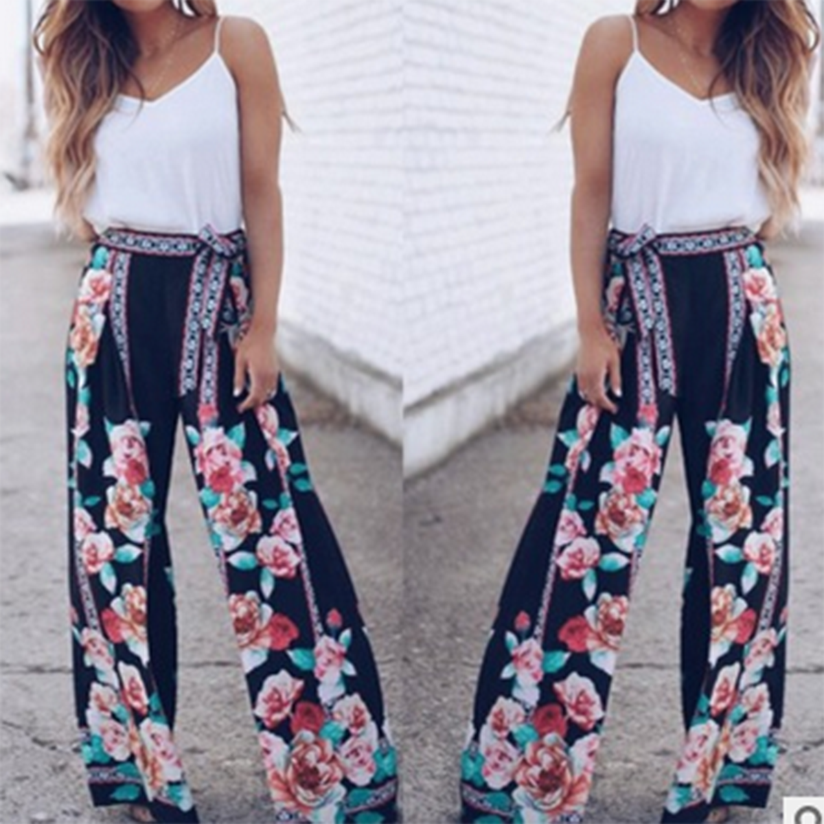 New Female Trousers Women’ s Floral Print High Waist Loose Pants Straight-Leg Pants ( S/M/L/XL)