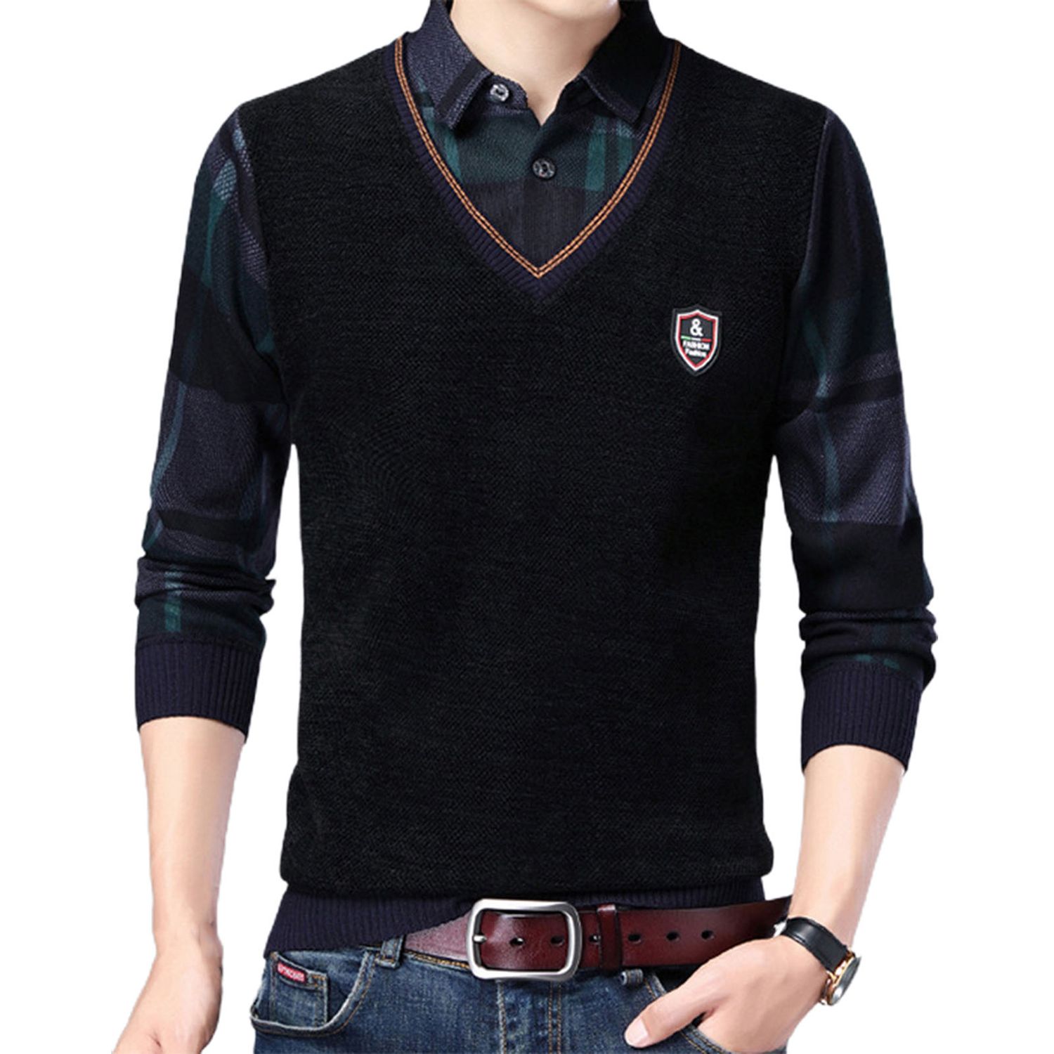 Spg Sweater Fake Two-piece Anti-ling Fall Sweater