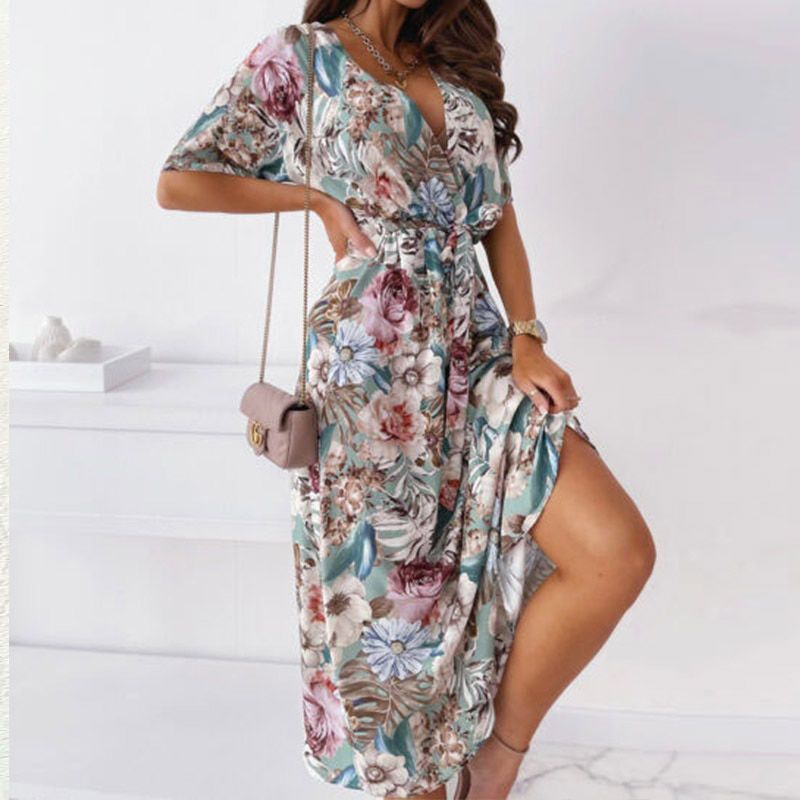 Spring Floral Print Lace-Up Elastic Waist Dress Summer Sexy Slim V Neck Beach Party Dress Women Casual Short Sleeve Long Dresses