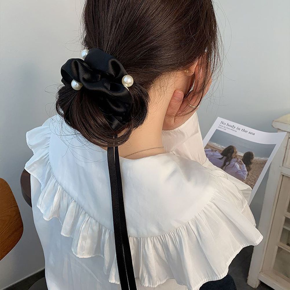 Yfashion Hair  Rope Cloth Cute Bowknot Pearl Decorate Large Scrunchies ple  Black Hair Circle Hair Accessories color