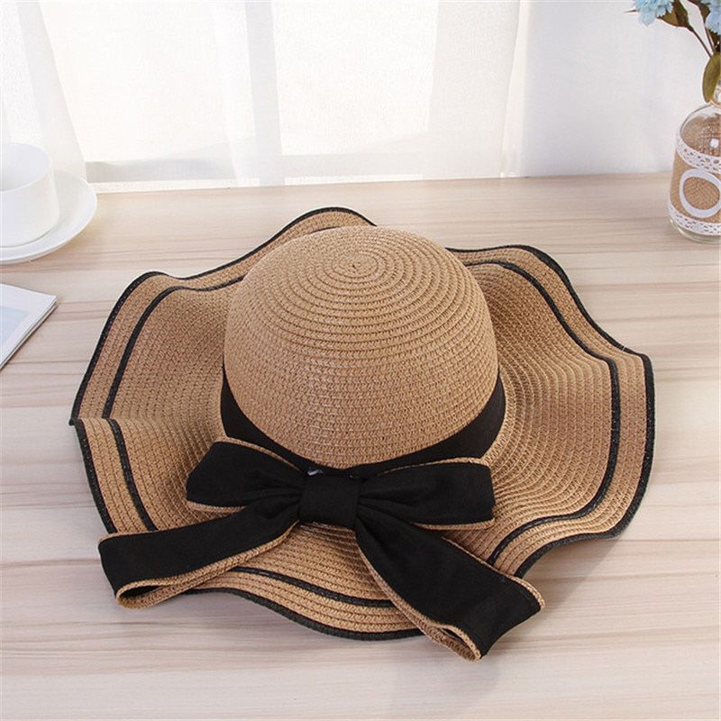 New Summer Women's Boater Beach Hat Wide side Female Casual Panama Hat Lady Classic Flat Bowknot Straw Sun Hat Women wavy Girl