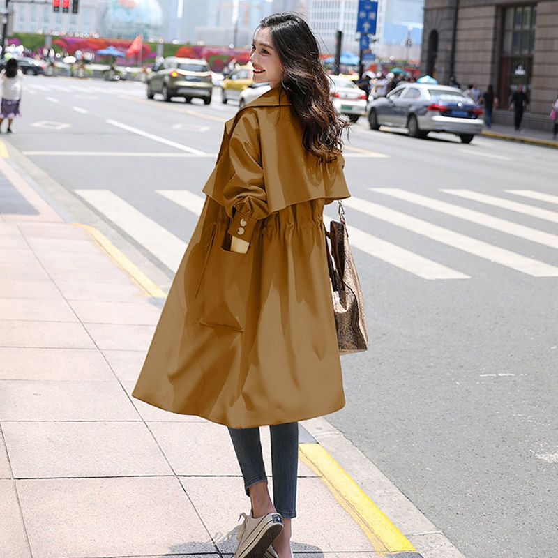 Women's Coat With Lining Spring Autumn New Jacket British Style Coats Drawstring Windbreaker Mid-length Femme Overwear Green 67
