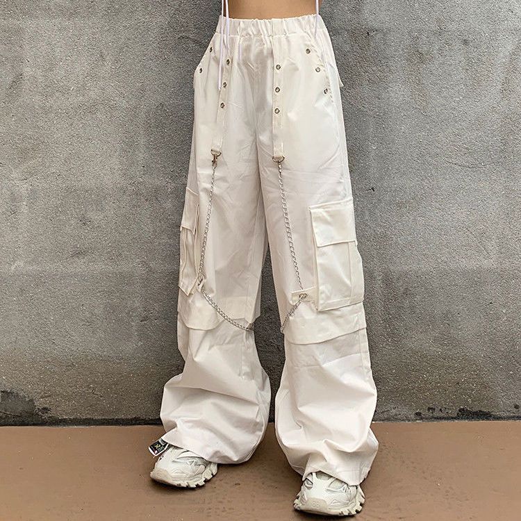 Gothic White Cargo Pants With Chain Women Mall Goth Hippie Moda Punk Loose Baggy Oversize Korean Style Trousers