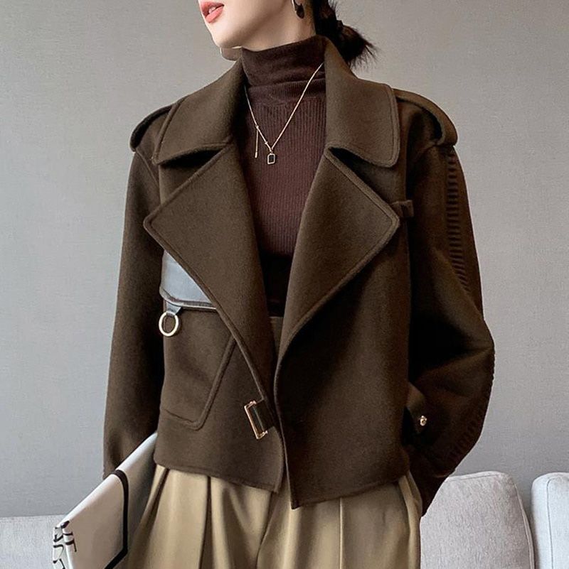 Women's Autumn Coat Pockets Solid Loose Short Jackets Ladies Wool & BleHigh Street Winter Woolen Coats for Women