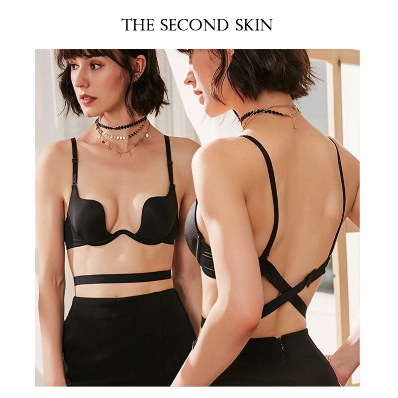 Women Push Up Bra Plus Size  Lingerie Deep V Seamless Underwear Ladies Halter Backless Brassiere Top Black White Lingerie