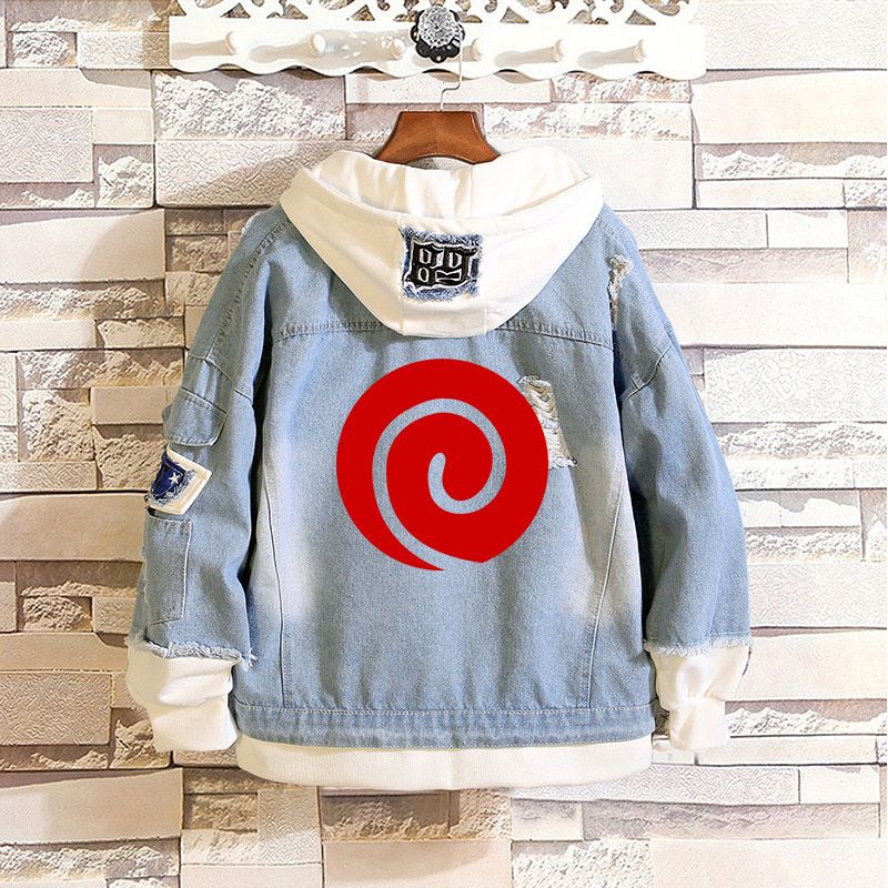 Japanese-style Uchiha clan  Wheel Eye Small  Peripheral Men Women Uchiha Ichizoku Jeans Coat Hooded Loose denim Jacket