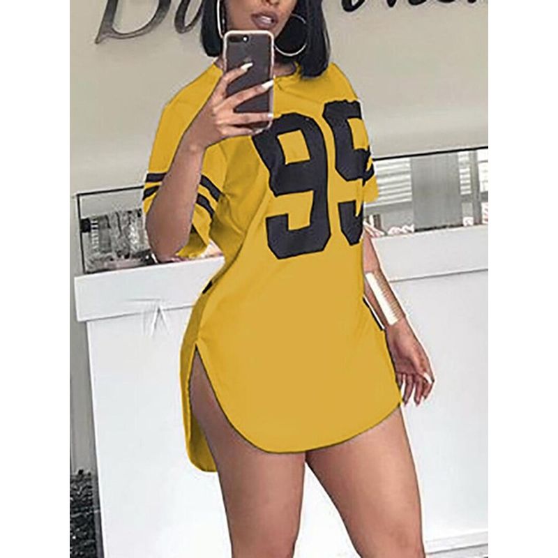 Shirt Dress Women Summer 2021 Side Split Letter Print Short Sleeve Dresses Streetwear Womens Tunic Casual Tshirt Dress White