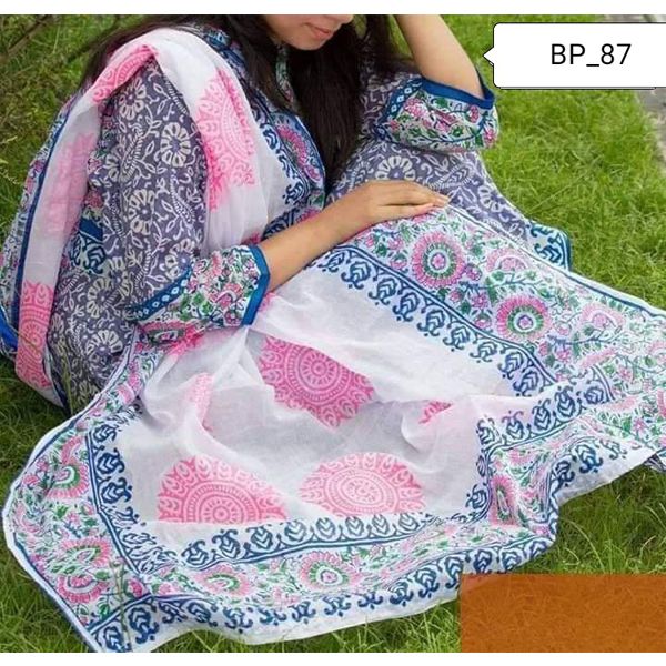 New Unstitched High Quality Cotton Block Print Three Piece For Women(3 piece)