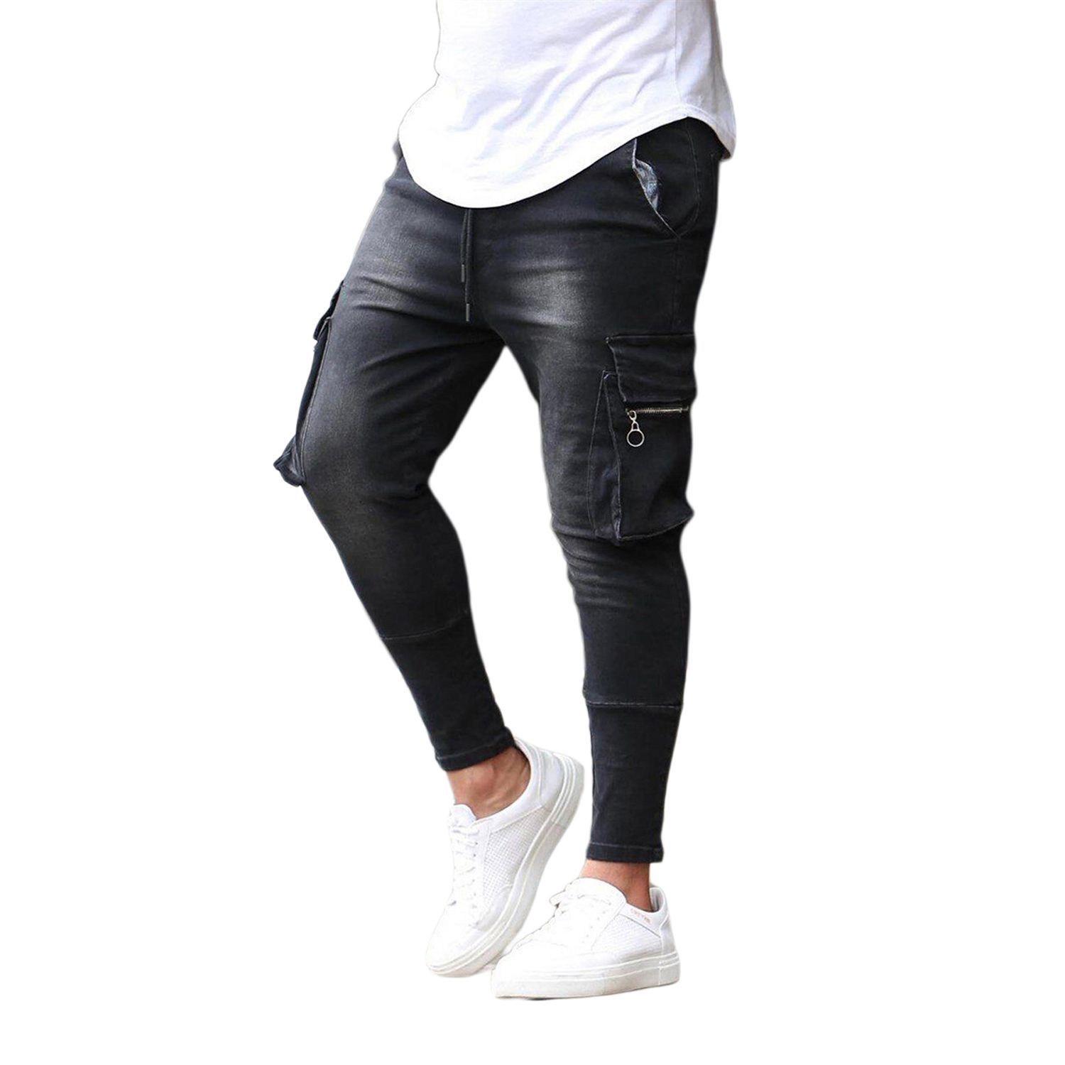 Men's Biker Jeans, Casual Multi Pockets Straight Fit Stretch Washed Cargo Denim Pants
