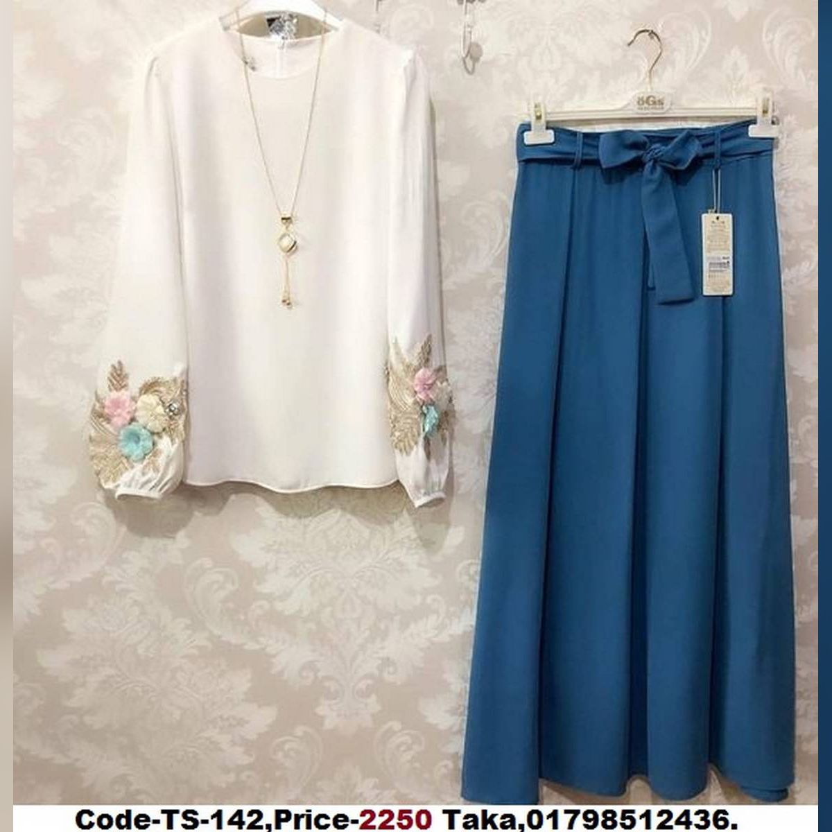 White Tops &Skirt Full Sleeve Floral Embroidery Work For Women