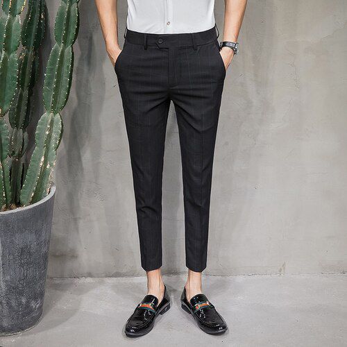 2021 Korean version of business casual slim men's casual pants solid color joker Nine points  small leg pants gray black
