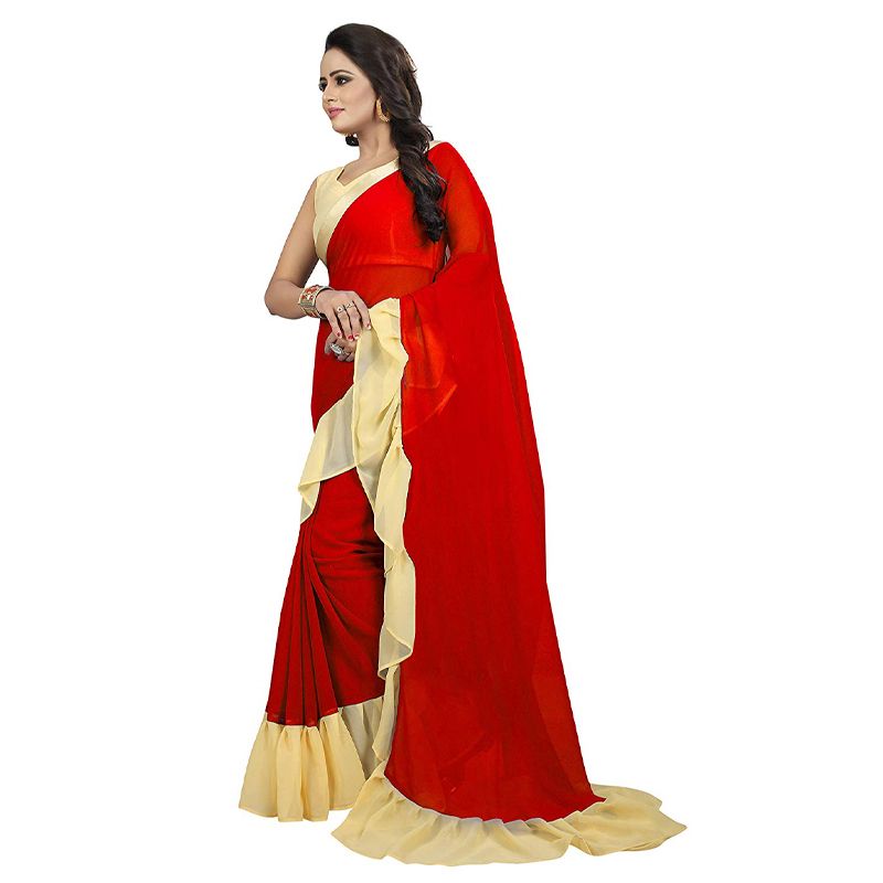 Anjaneya Sarees Women's Georgette Ruffle Frill Saree With Blouse Piece