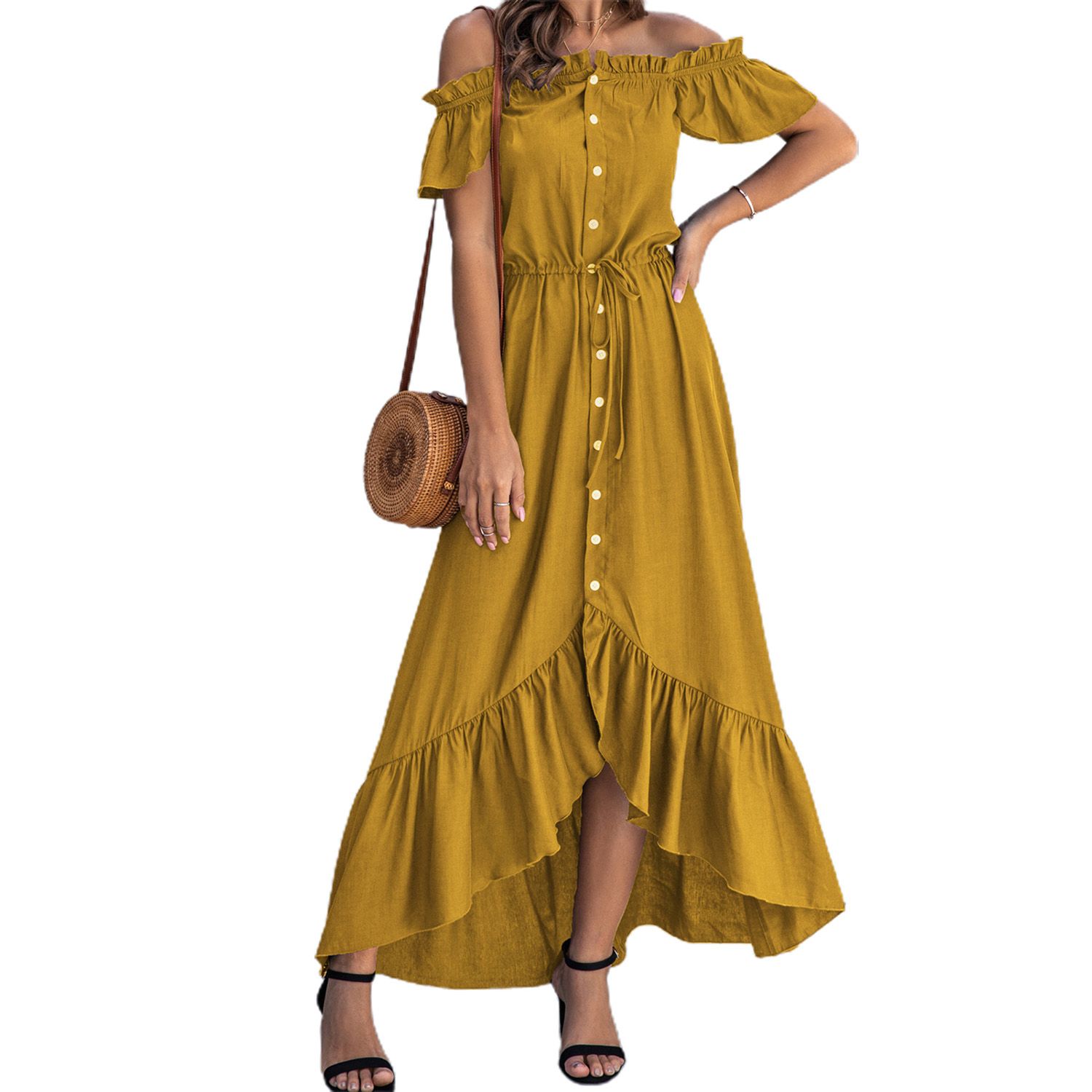 Midi Dress Horizontal Collar Irregular Hem Loose Short Sleeve Summer Dress for Daily Life