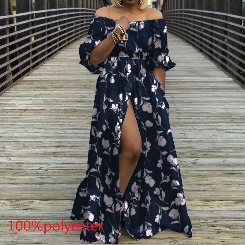 Women's Autumn Maxi Dress Celmia High Waist Robes High Split Long Sundress Three Quarter Sleeves Floor-Length Vestidos
