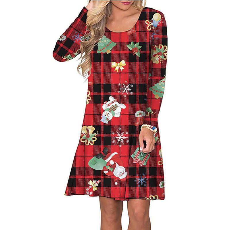 New Women's Long Sleeve Dress Classic Round Neck Dress Ladies Snowman Print Dress Christmas Plaid A-shap