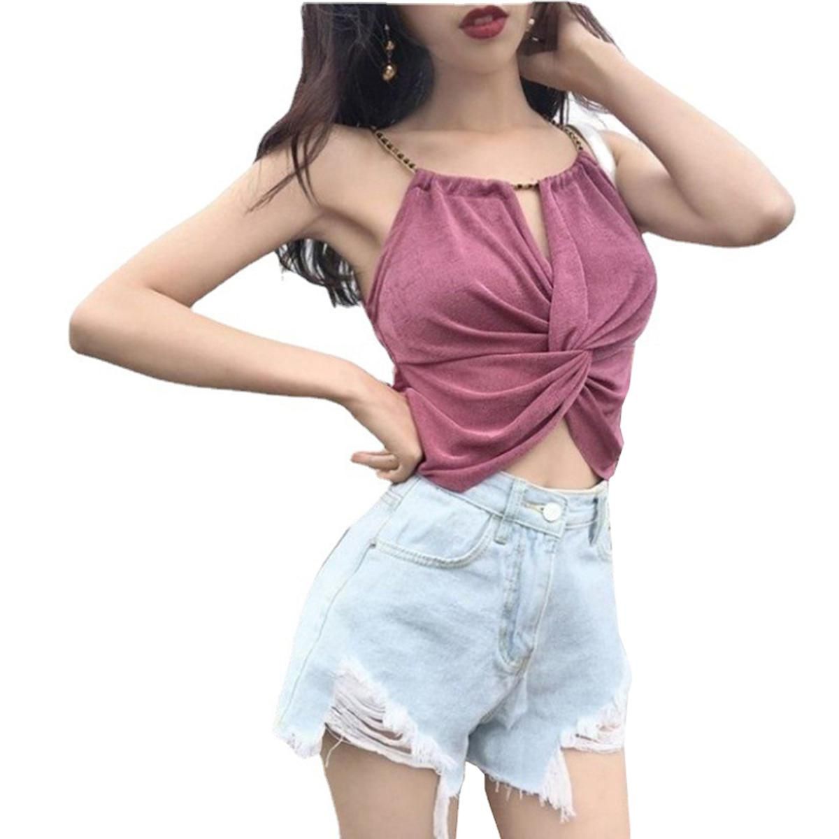 Women  Chain Strap Camisole, Sleeveless Twist Front Solid Color Cutout Cami Tops