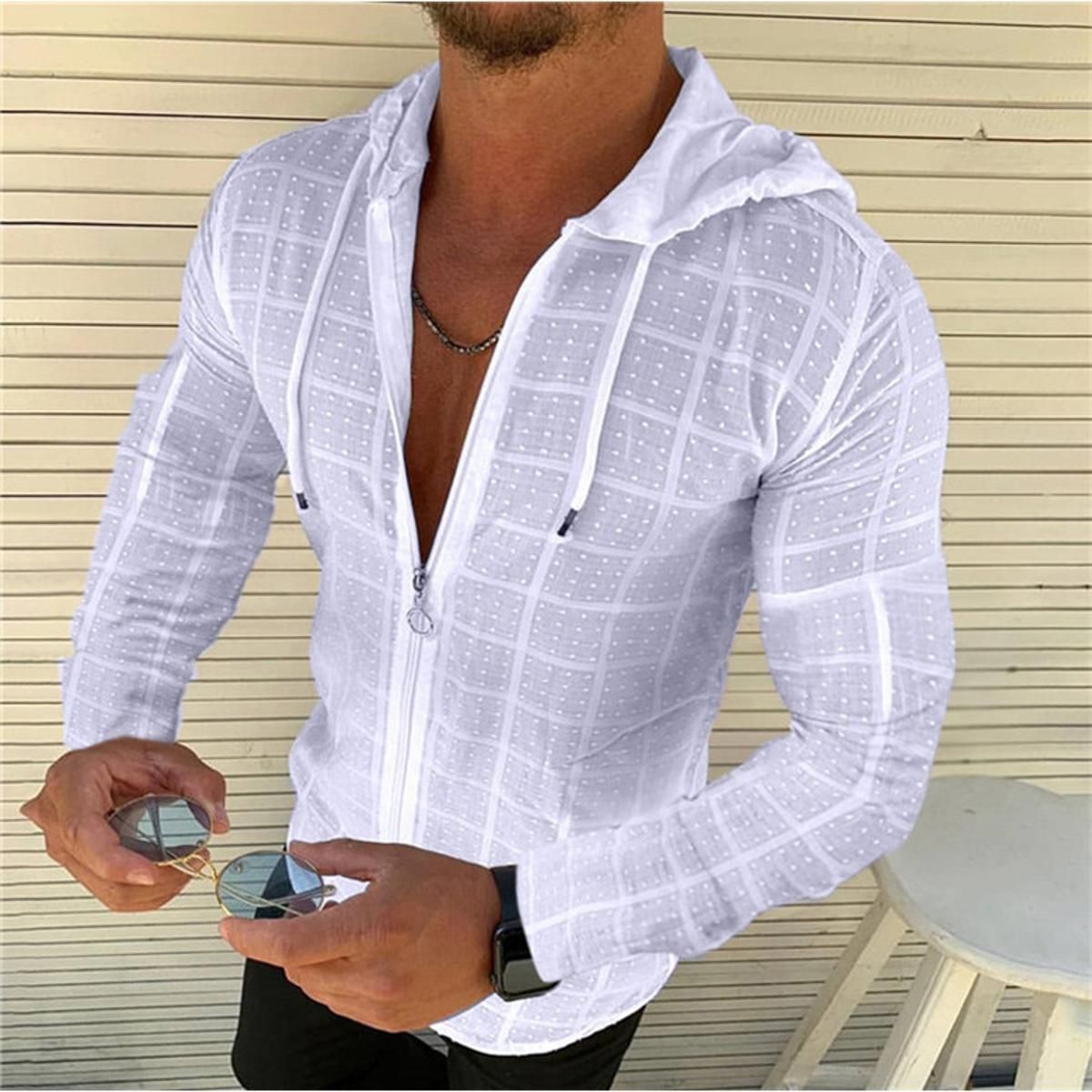 Men Casual Hooded Shirt Men Zipper Cardigan Men's Casual Shirt Short sleeve Formal Dress Shirts Men Pure Color Clothing