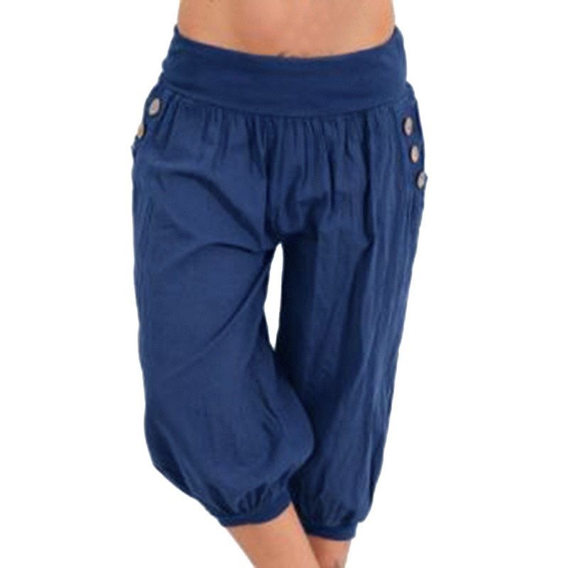 Women's Fashion Cotton Linen Short Trouser Pants Women's Solid Color Seven Casual Loose Pants Plus Size