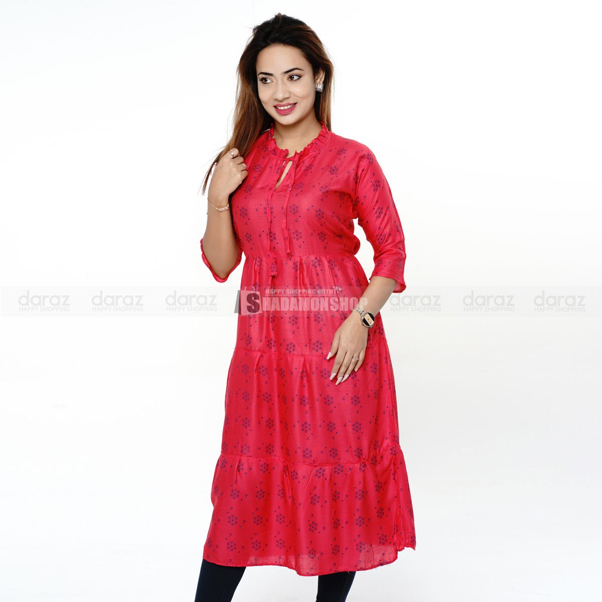 Readymade Round Stylish Fashionable Hot Kurti For Girls Long Pure Soft Linen (1 Pcs) Shadamon Shop F-1 - Tops For Girls Long Kurti