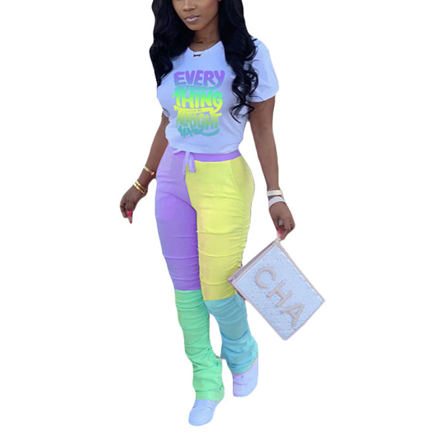 2021 Women Fashion 2-piece Outfit Set Short Sleeve Letter Print T-shirt and Color Block Ruched Pants Set
