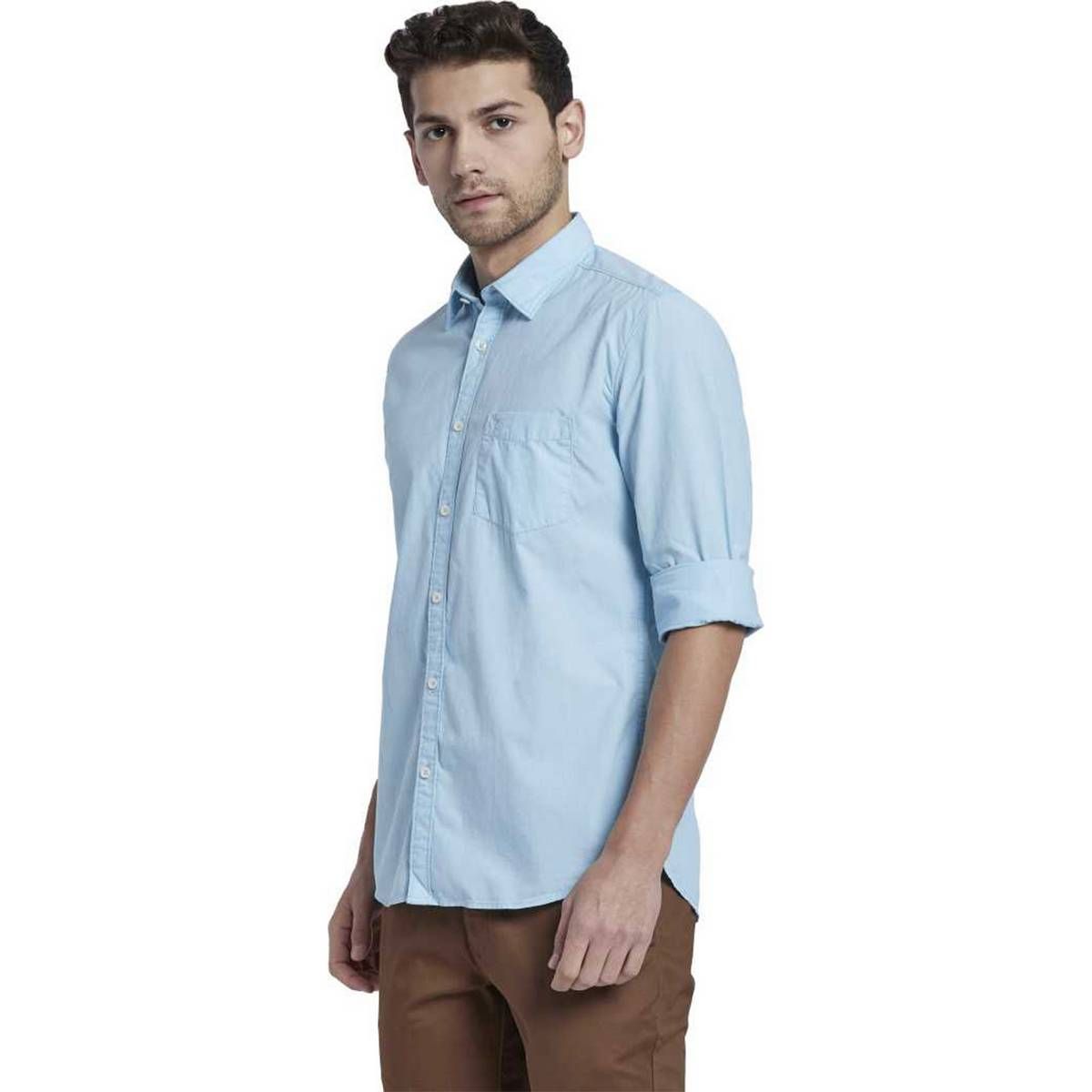 Light Blue Blue Cotton Casual Shirt for Men