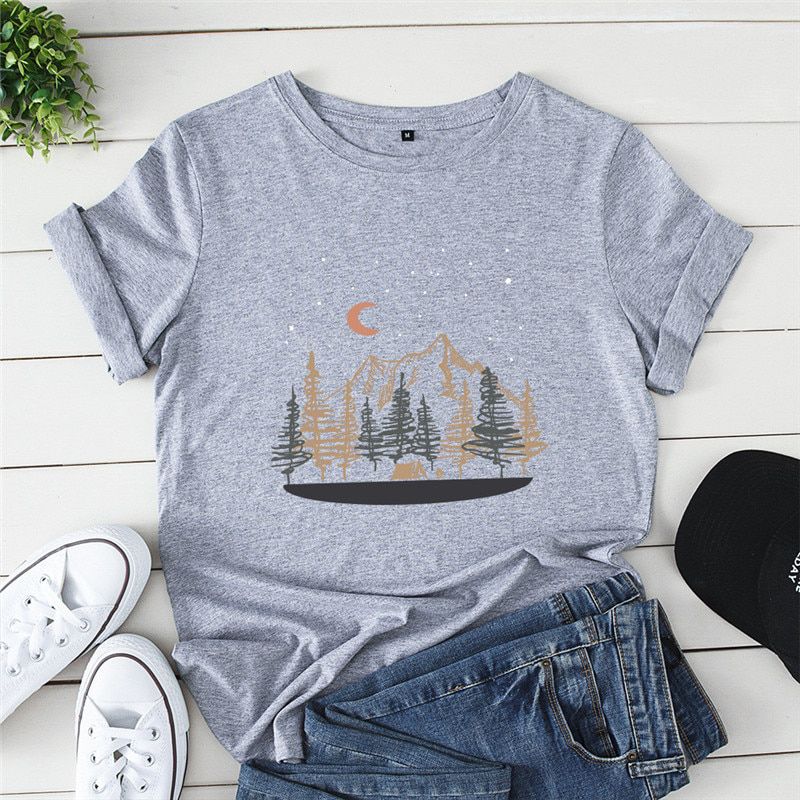 100% Cotton Summer Women TShirt Casual New Mountain Print O-Neck Tops Short Sleeve Tee Women Clothing Black Shirts Wholesale