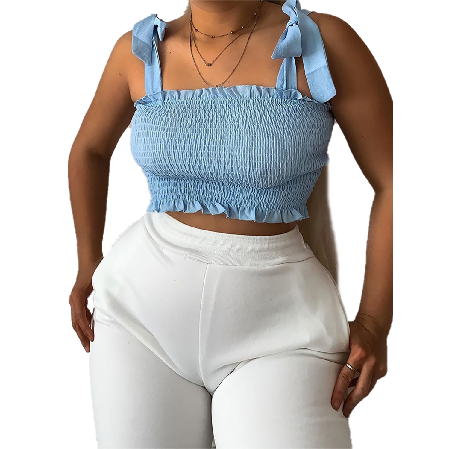 New Women's Bow Camisole Summer Fashion  Pleated Lace Up Cropped Top Solid Color