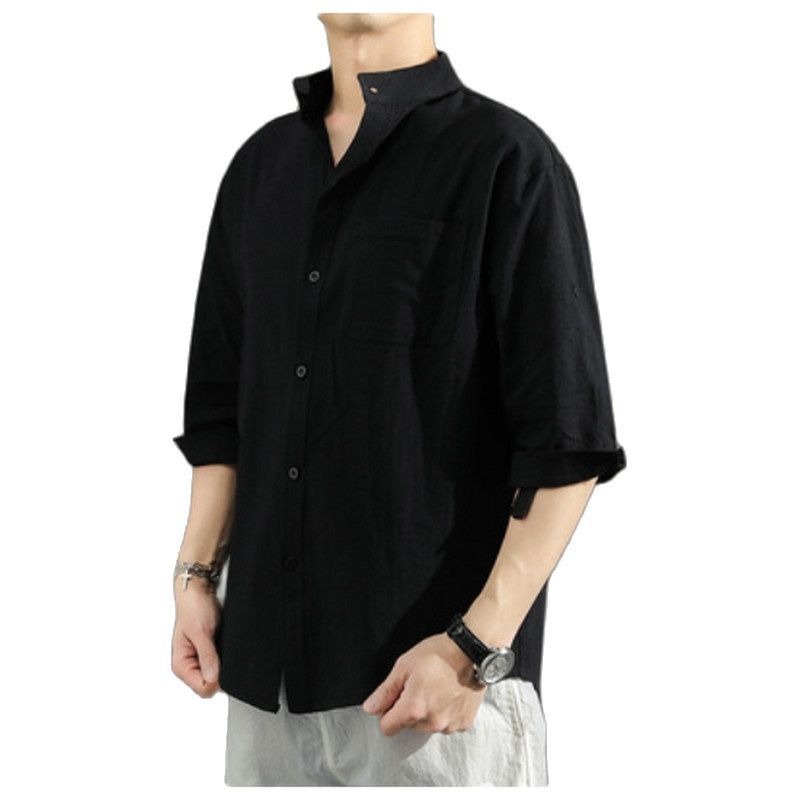 Solid Colors Long Sleeve Shirts Chinese Style  Wear Stand Collar Loose 100% Cotton White Black Shirt Short Sleeve Shirt 5XL