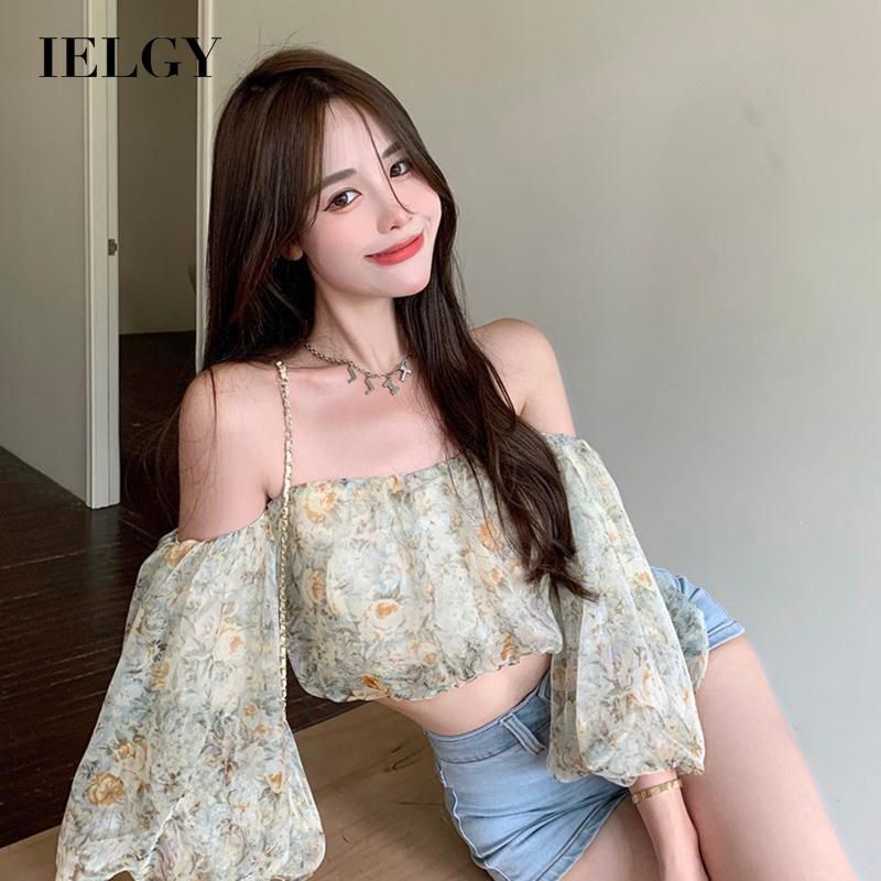 IELGY Light Green Fresh Floral Print Lantern Sleeve Fairy Blouse