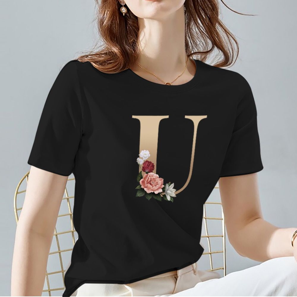 Women T-Shirt Black Classic All-match Ladies Tops O-Neck Fashion Flowers Letter Pattern Series Short Sleeve Tee Women's Clothing