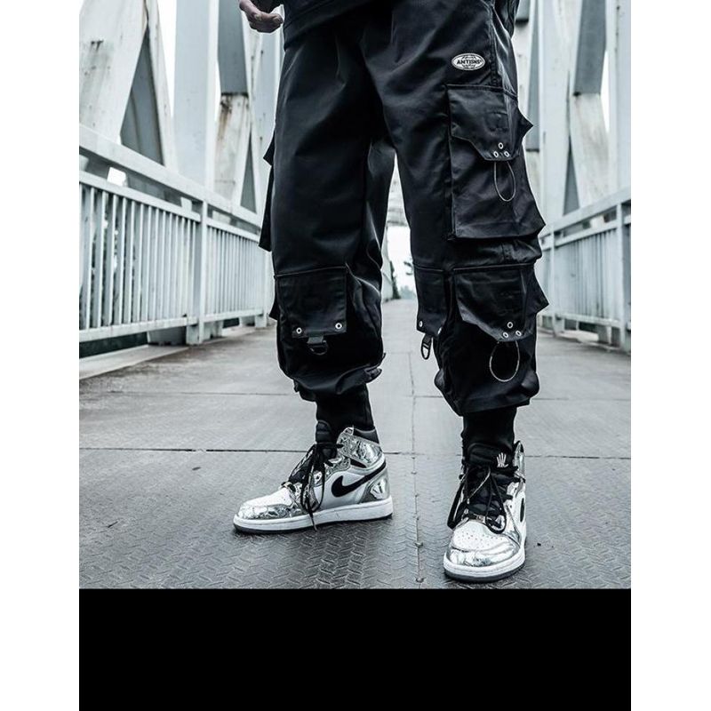 Techwear Pants Men's Black Harem Overalls Ribbon Men's Sports Pants Streetwear Multi-pocket Men's Casual Pants-hop Jogger