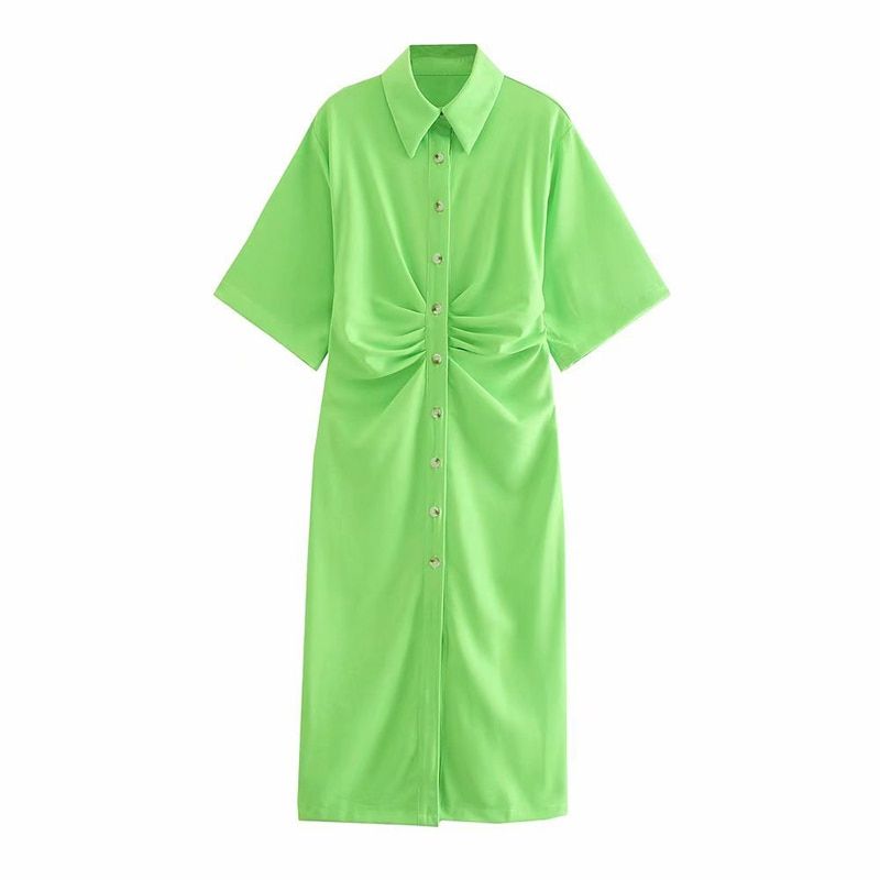 TRAF Women Chic Fashion on-up Draped Midi Shirt Dress Vintage Short Sleeve Side Zipper Female Dresses Vestidos