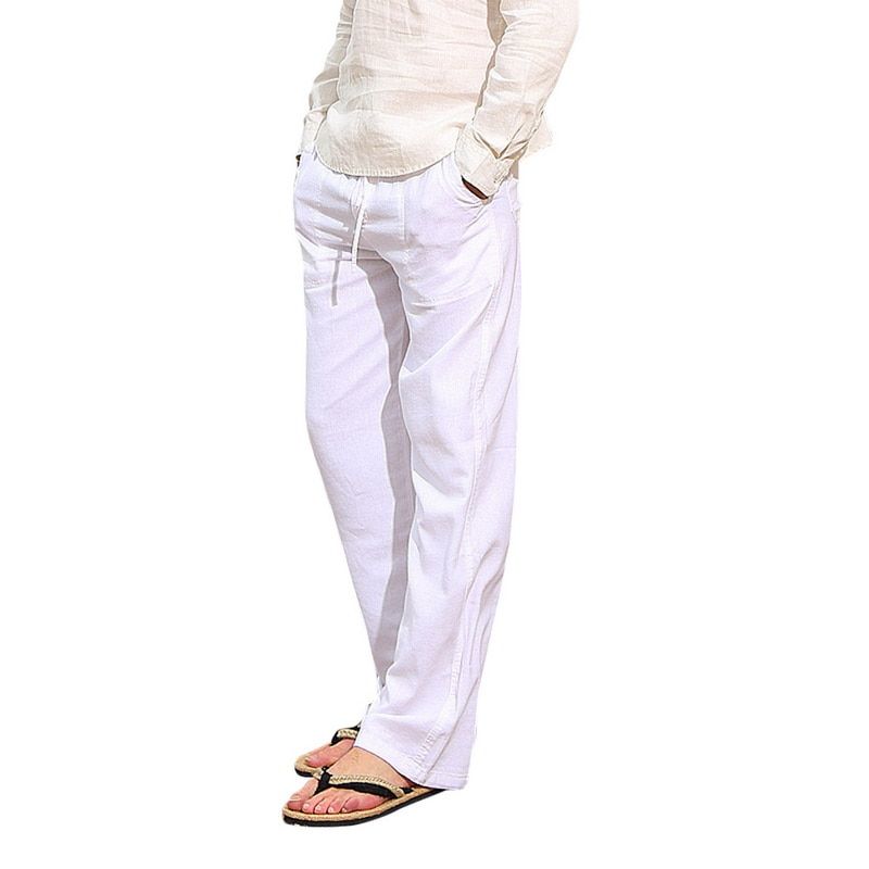 Men Casual Cotton Linen Wed Leg thai fisherman Loose Long Pant White Black Solid Color Autumn Summer Plus Size S-3XL