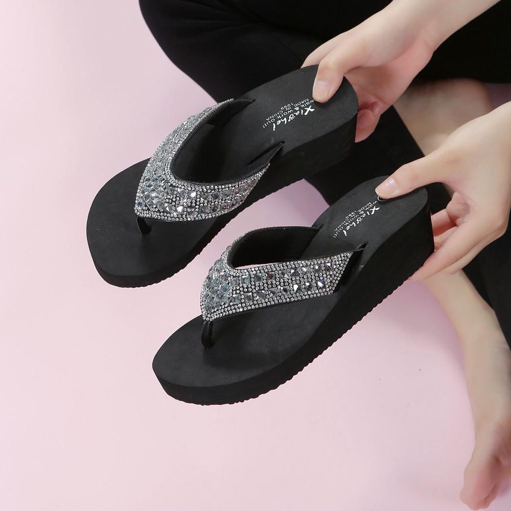 Summer Slippers Fashion Rhinestones Wedges Flip Flops Women's Casual Beach Shoes