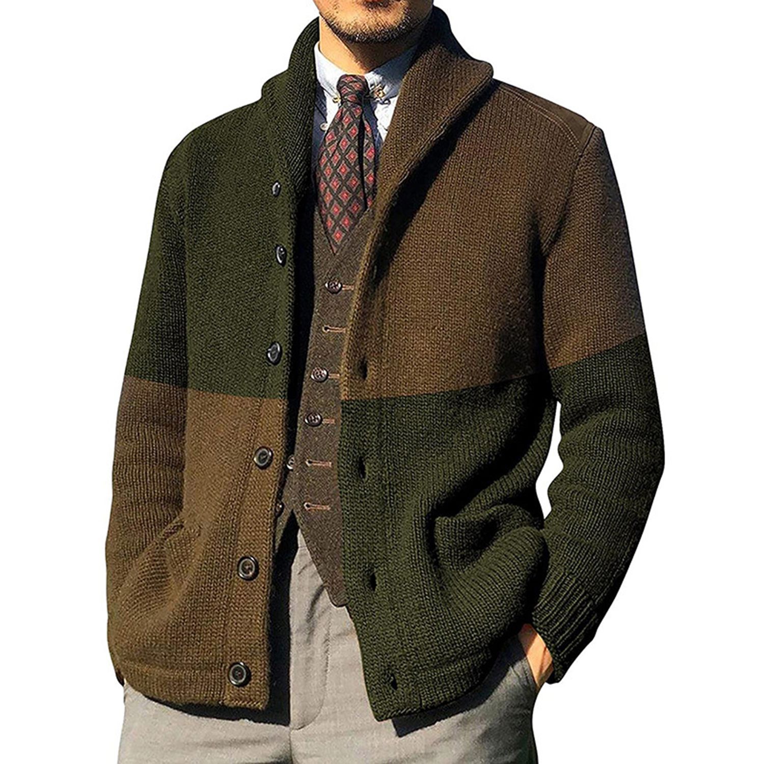 Men Sweater Contrast Color Color Block Lapel Sweater Coat
