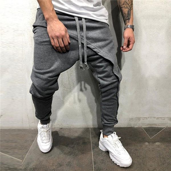 Men's Fashion Asymetric Designed Layered Pants Hip Hop Streetwear Casual Drawstring Slim Fit Joggers Elastic Waist Trousers