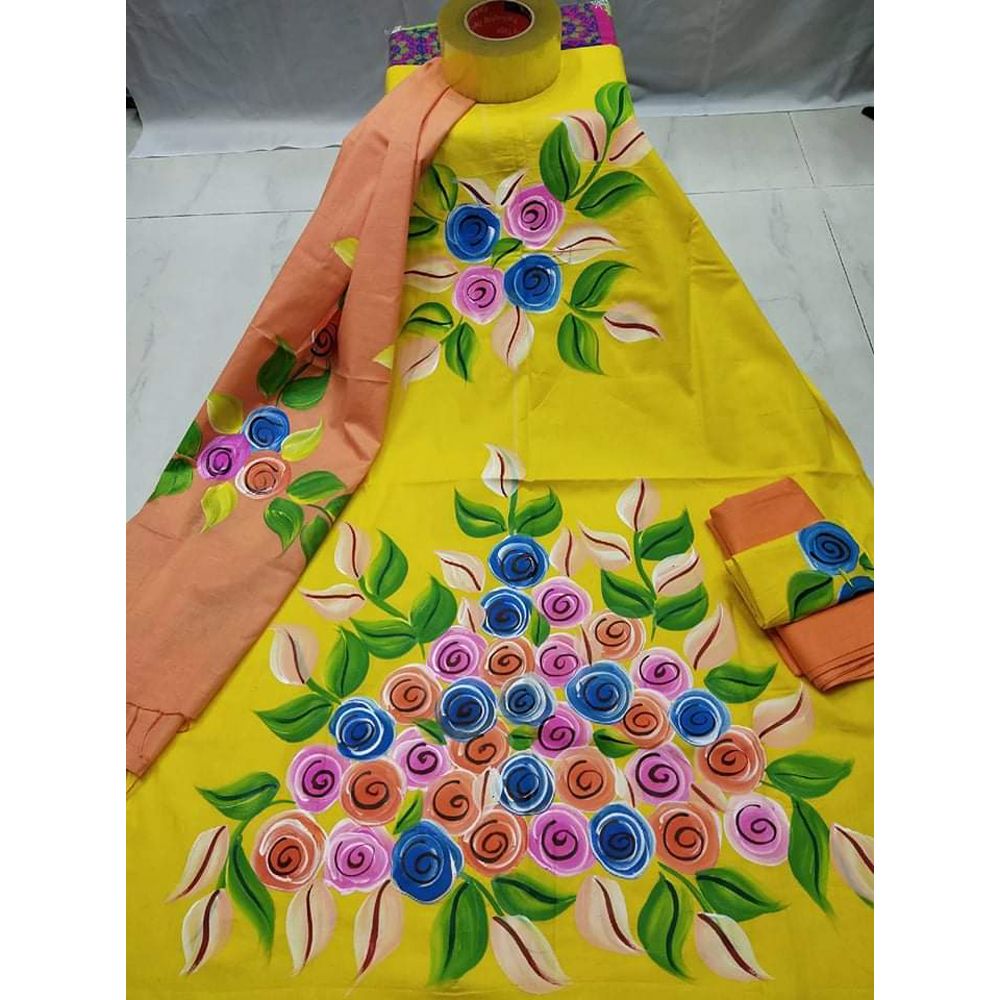 Screen and Hand Print Unstitched Cotton Three Piece for Women/Ladies Collection