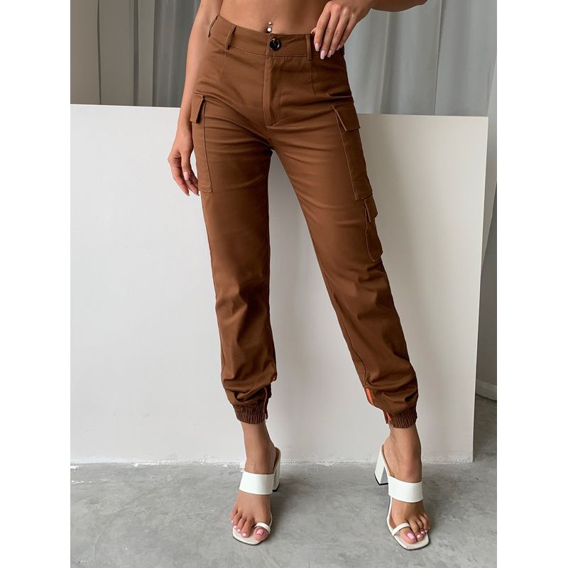 Pofash Solid Black Flap Pocket Cargo Pants Women Clothing Mid Waist Autumn Long Pencil Pants Mujer Slim Zipper Casual Trousers