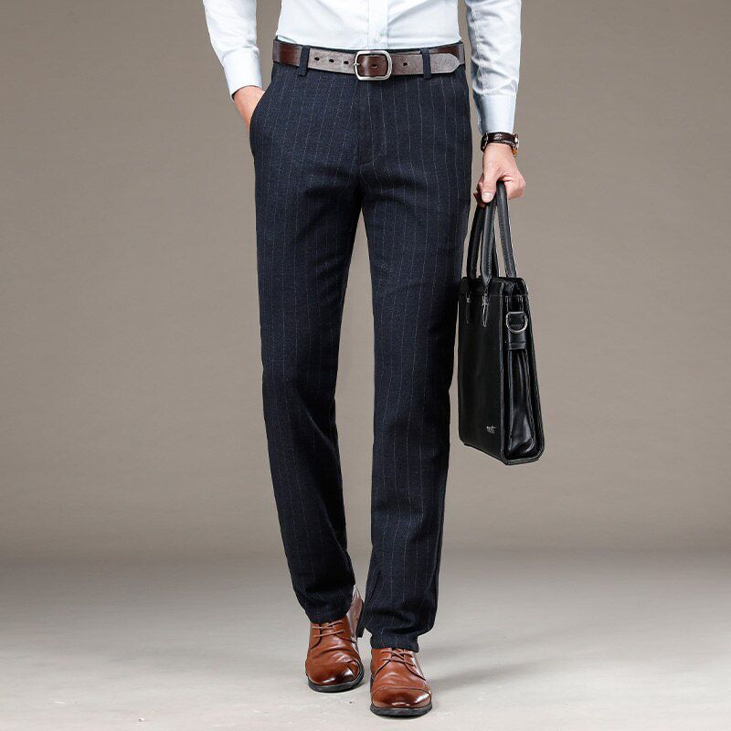Men's Formal Trousers Straight Elastic Breathable  Stripe Winter Casual Trousers Plaid Elegant Male Business Suit Dad's Pants