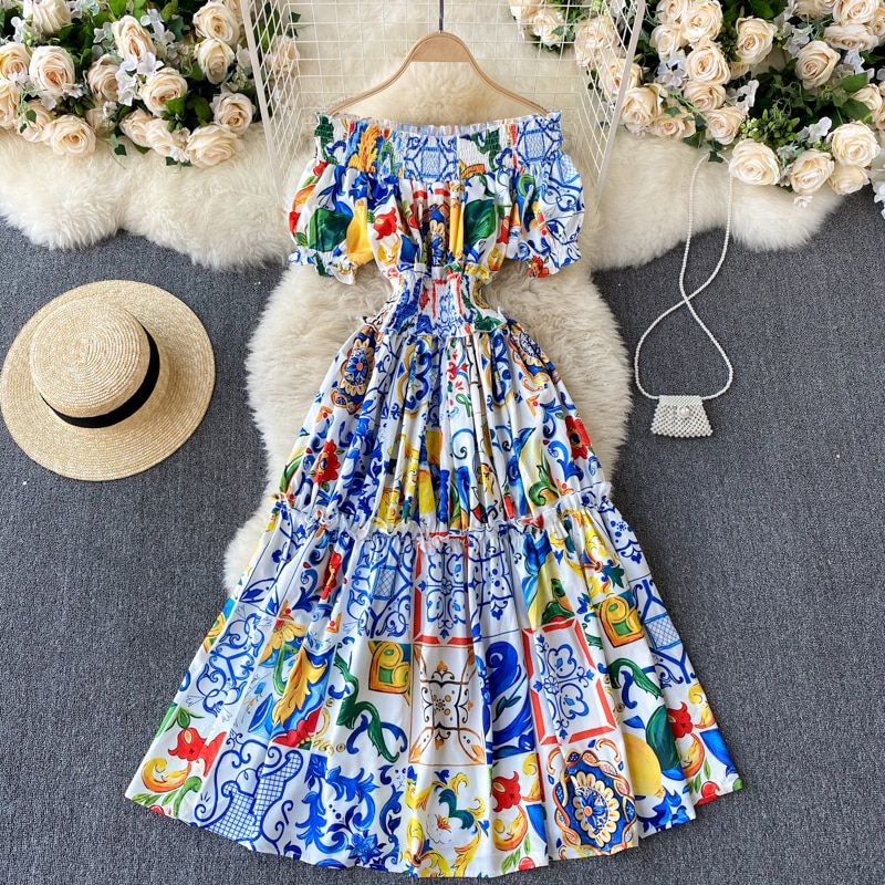 Menahem 2021 Summer Bohemian Porcelain Printed Flower Midi Dress Women's Off Shoulder Puff Sleeve Elastic Waist Runway Dress