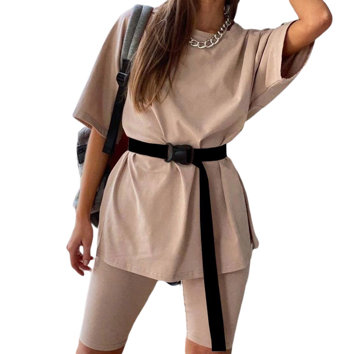 2021 Women's Short-sleeved Trousers Suit Fashion Solid Color Loose Pullover Top and Elastic High-waist Sh