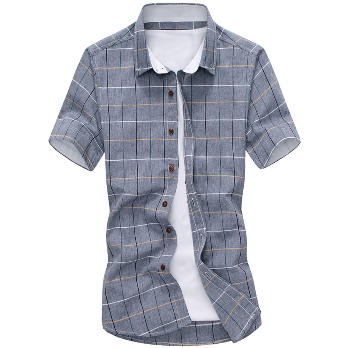 Fashion Men Plaid Shirt Cotton Short Sleeved Turn Down Collar Summer Casual Top