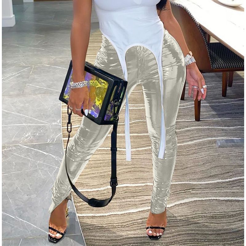 Fall Winter Black PU Leather Pants Zipper Split Bottom Mid Waist Stretchy Tights Pencil Pants Women Trousers
