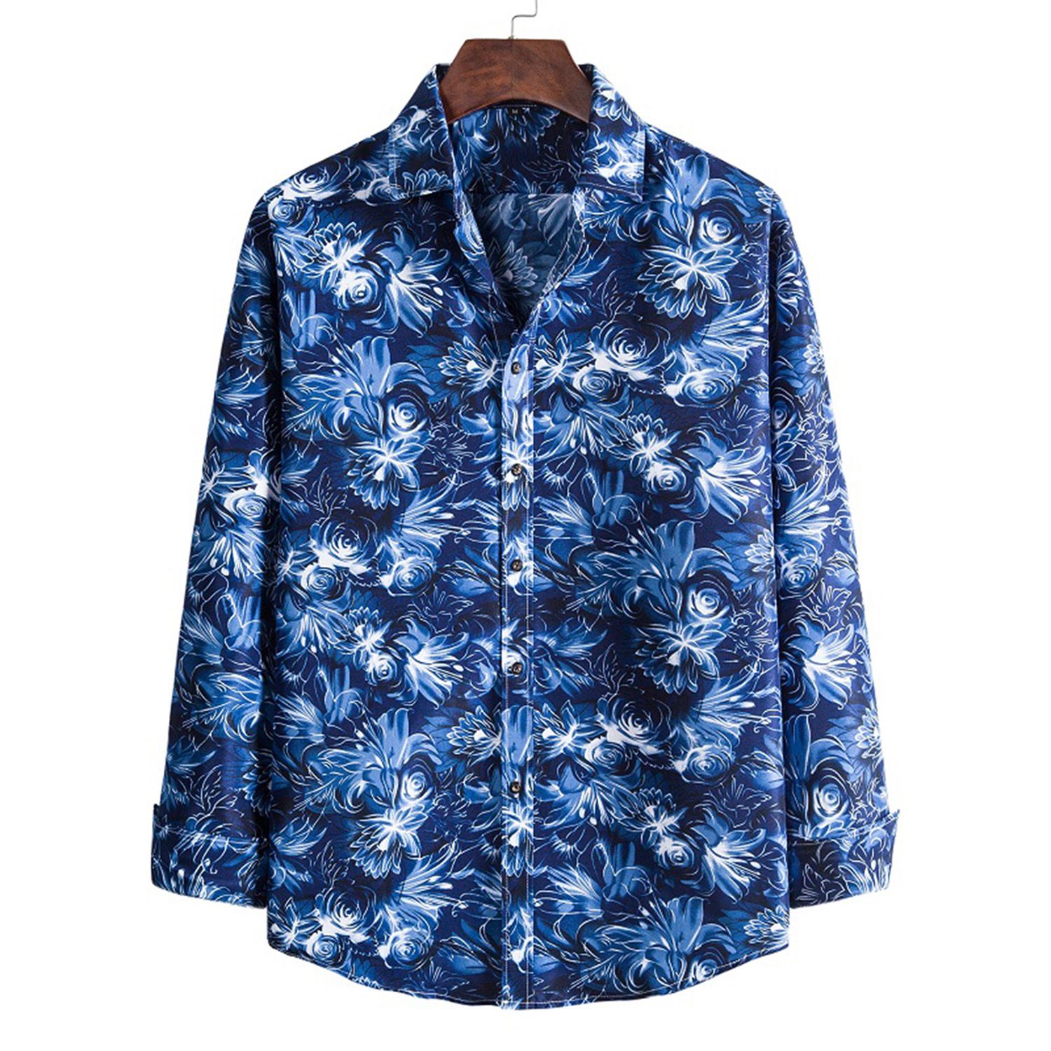 Summer Shirt Floral Print Buttons Men Long Sleeve Lapel Top for Party