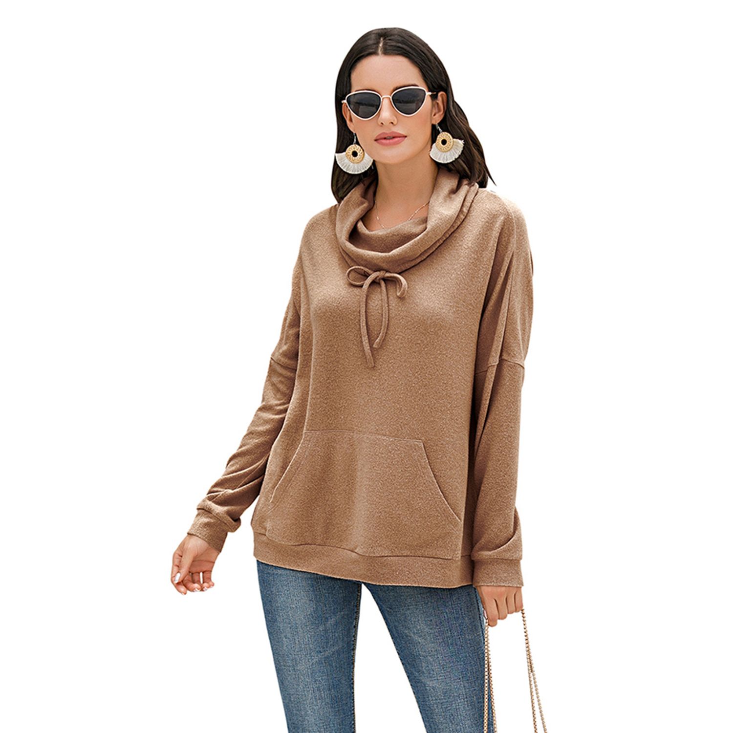 2021 Women’s Draped Turtleneck Sweatshirts, Long Sleeve Casual Loose Solid Color Pullover Tops