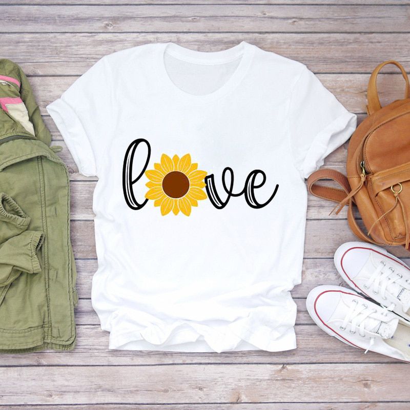 Women T-shirts Feather Love Simple Sweet Printing Summer Autumn Print Lady Womens Stylish T Top Shirt Girl Tee T-Shirt