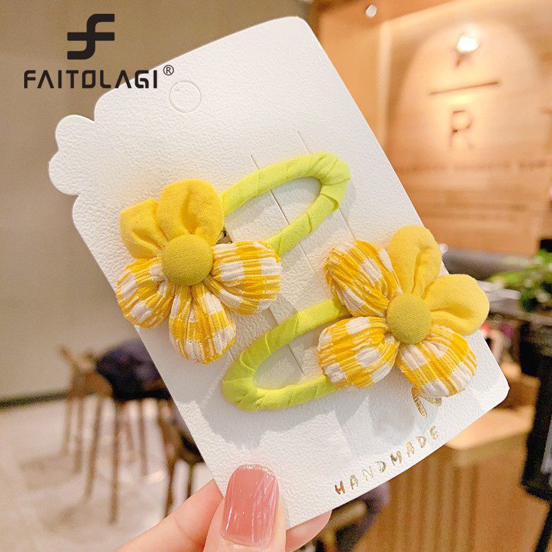 2Pcs/Set Cute Flower Baby Girl Hairpins Clips Plaid Handmade Cloth Kids Hair Clips Children Barrettes Baby Hair Accessories