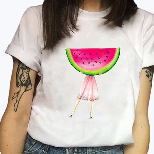 New Summer Girls Short Sleeve Cartoon Fruit Letter Printing T-shirt Ladies Adults Round Neck Top Student